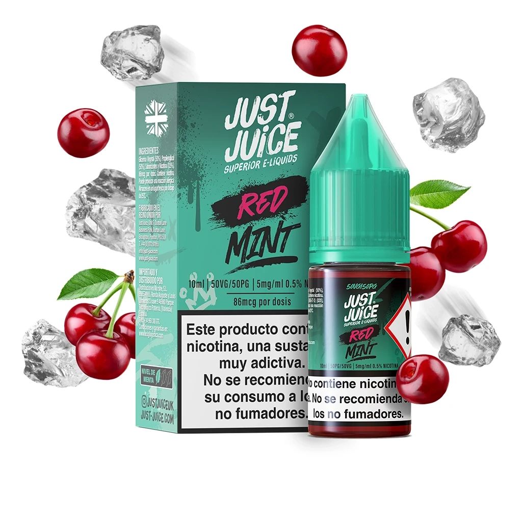 Frasco Just Juice Red Mint de 10 ml con tapón verde junto a su caja, rodeado de cerezas y cubitos de hielo sobre fondo blanco.