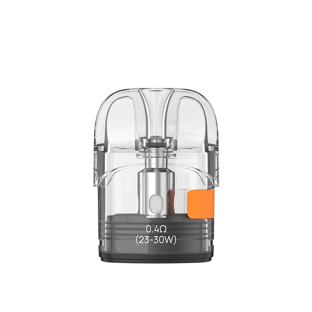 Pod Aspire Pixo Top Fill transparente, con boquilla redondeada, pieza lateral naranja y marcado de 0,4 Ω y 23–30 W.