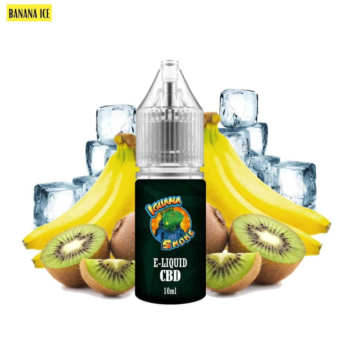 Frasco de e-líquido CBD Banana Ice de Iguana Smoke de 10 ml, rodeado de plátanos, kiwis cortados y cubitos de hielo.