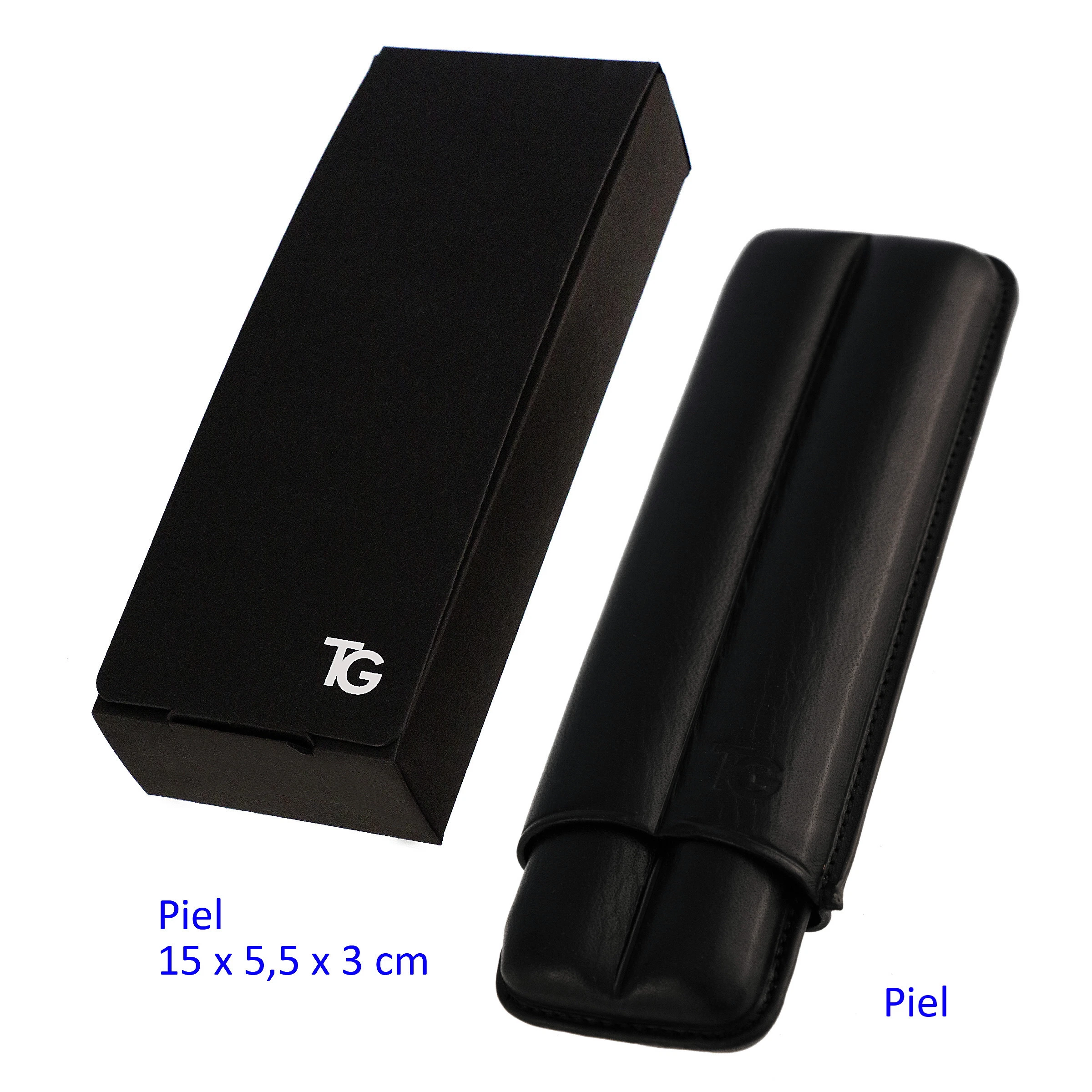 Purera de piel negra para dos puros, con compartimentos abombados, junto a una caja rectangular negra sobre fondo blanco.