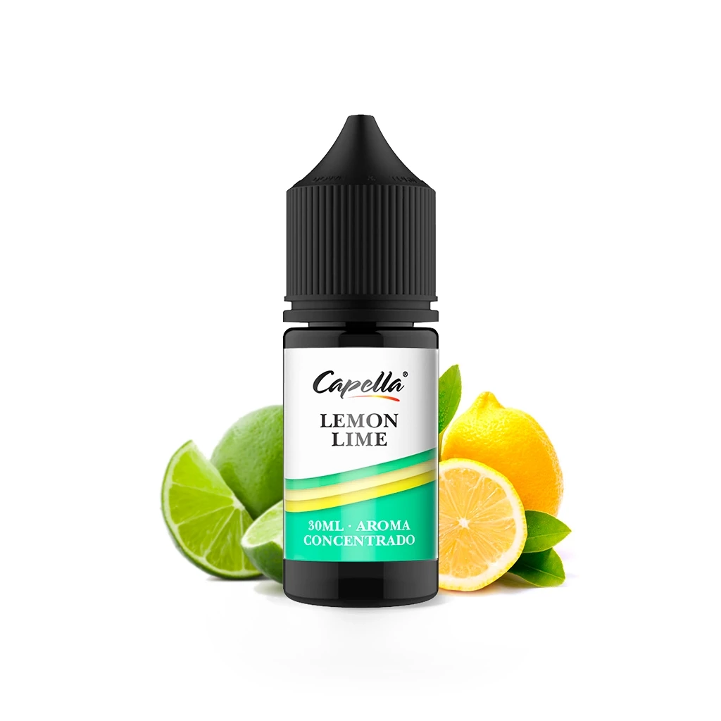 Frasco Capella Lemon Lime con tapón negro y etiqueta de aroma concentrado de 30 ml, rodeado de limas y limones cortados.