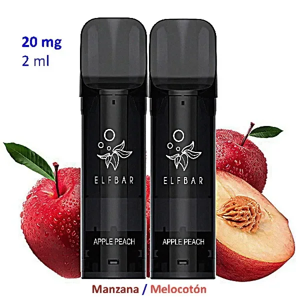 Pods negros Elfbar Apple Peach junto a manzanas y un melocotón abierto, con los textos «20 mg», «2 ml» y «Manzana / Melocotón».