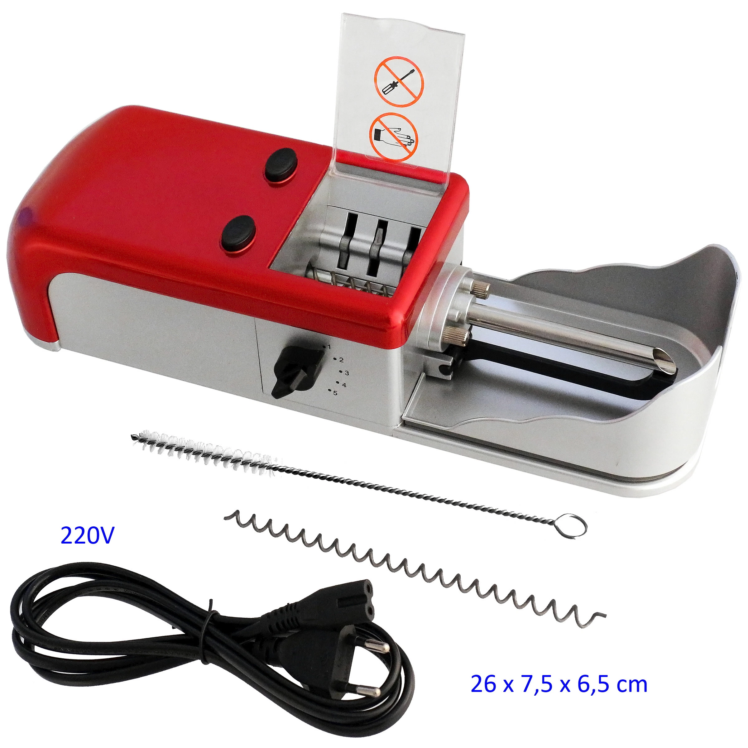 Máquina eléctrica llenadora de tubos roja y plateada, con tolva abierta, selector lateral, cable, cepillo y espiral aparte. Máquina eléctrica llenadora de tubos roja y plateada, con tolva abierta, selector lateral, cable, cepillo y espiral aparte.