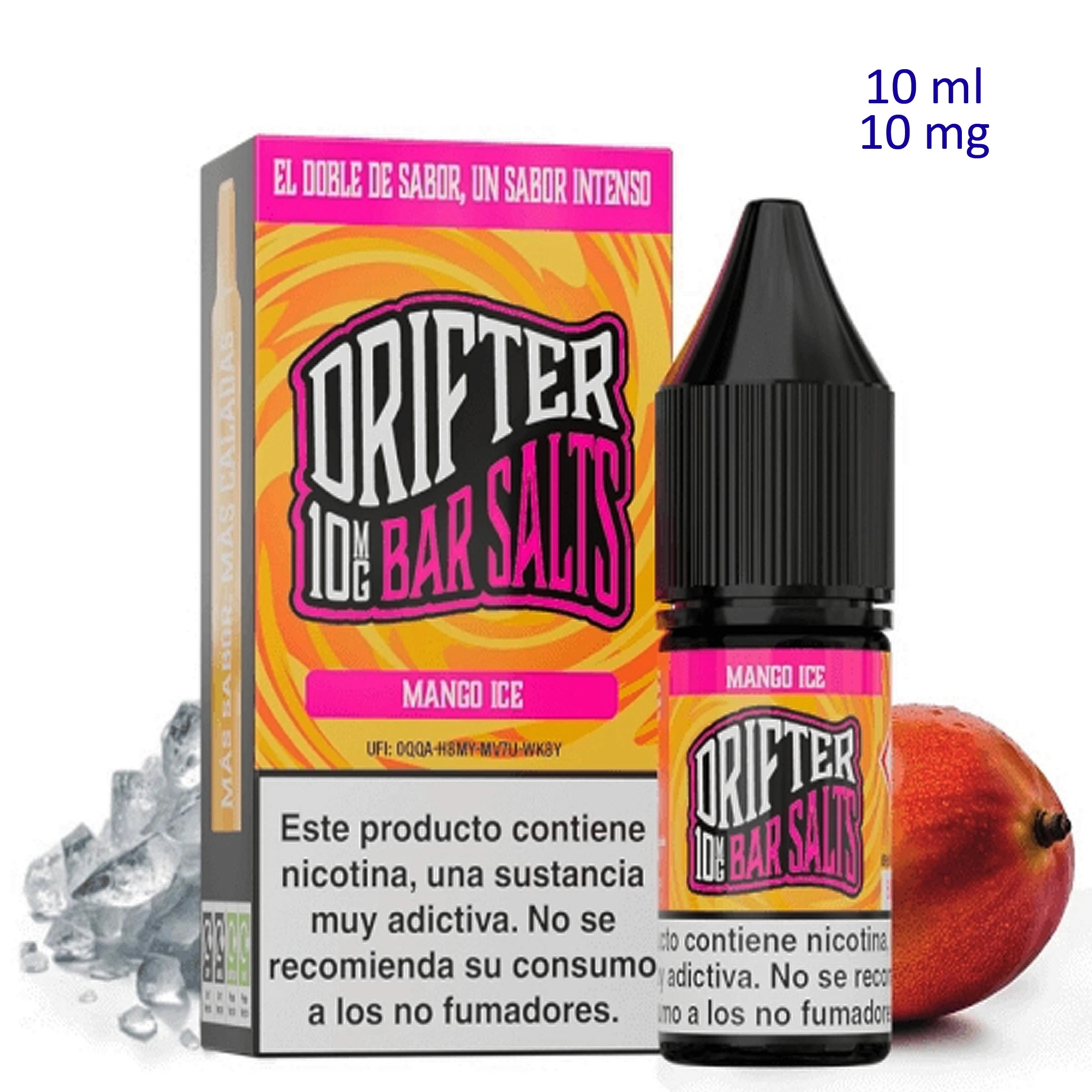 Frasco de sales de nicotina Mango Ice Drifter Bar Salts junto a su caja naranja y rosa, con un mango y cubitos de hielo al fondo.