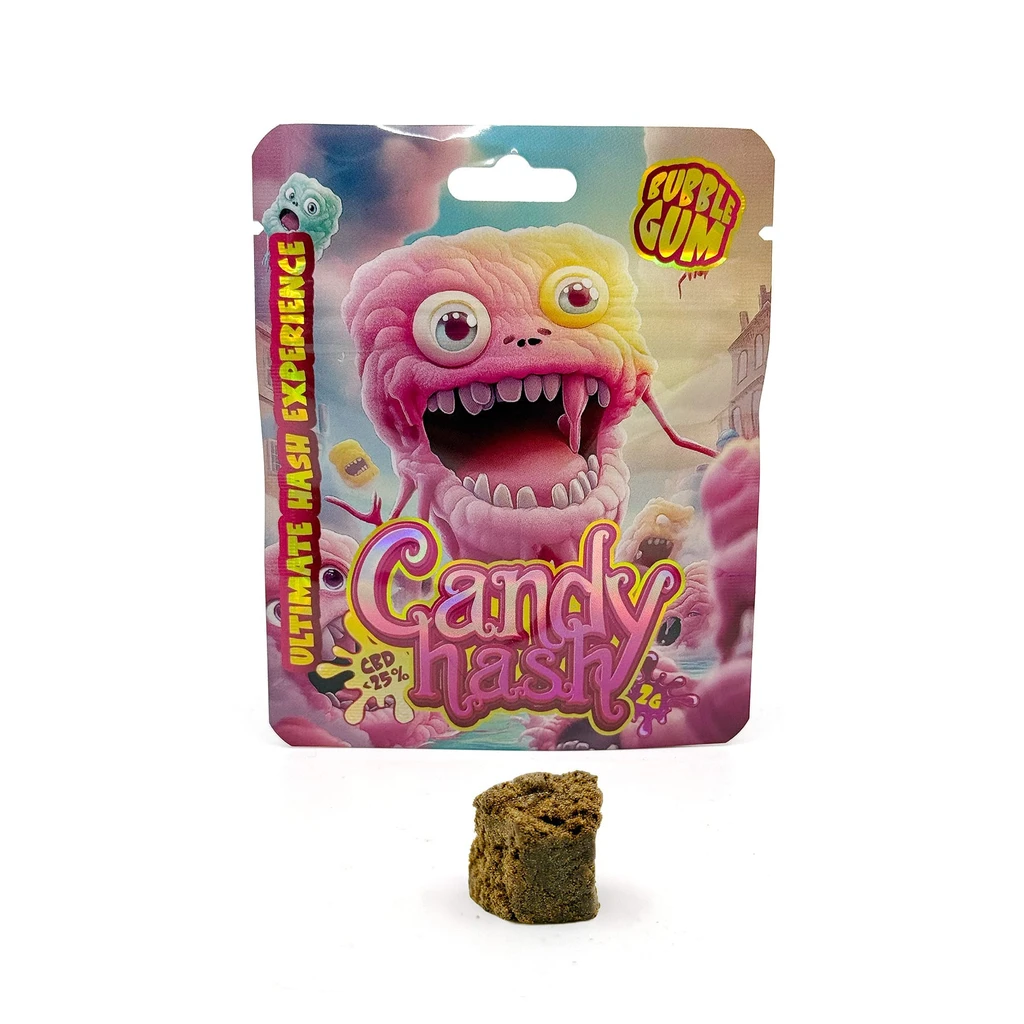 Envase Candy Hash Bubblegum con un monstruo rosa de boca abierta y una porción cilíndrica de hachís marrón delante.