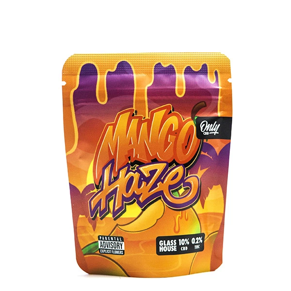 Bolsa de flores de cáñamo OnlyCBD Mango Haze, con diseño naranja y morado, letras grandes e ilustración de mango sobre fondo blanco.