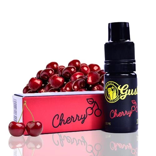 Frasco negro de aroma Cherry de Mix&Go Gusto junto a una caja roja con la palabra Cherry y varias cerezas sobre fondo blanco.