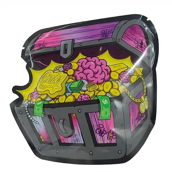 Bolsa con silueta de cofre morado y gris, ilustrada con un cerebro rosa, monedas doradas y billetes verdes sobre fondo blanco.