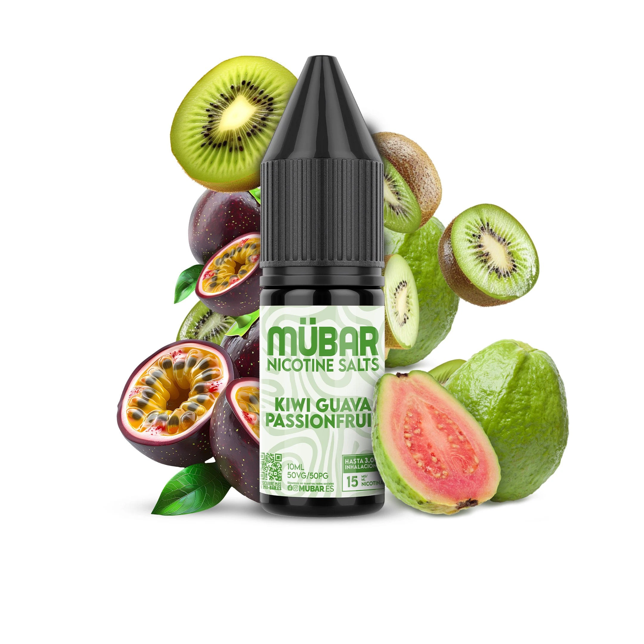 Frasco MÜBAR Nicotine Salts Kiwi Guava Passionfruit con tapón negro, rodeado de kiwis, guayabas y maracuyás enteros y cortados.