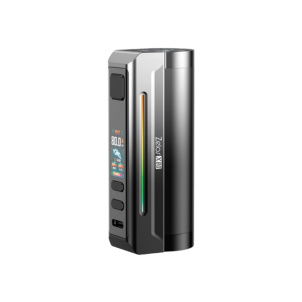 Mod Aspire Zelos X80 negro y gris, visto en perspectiva, con pantalla a color, botones frontales y franja lateral multicolor.