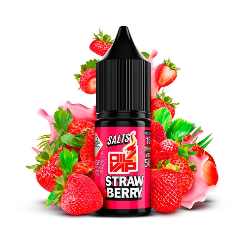 Frasco de Oil4Vap Salts Strawberry con tapón negro y etiqueta roja, rodeado de fresas y salpicaduras rosas sobre fondo blanco.