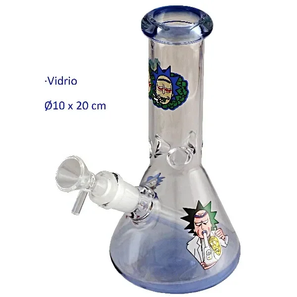 Bong de cristal de 20 cm con base cónica y borde azul, dibujos de un personaje y cazoleta transparente lateral.