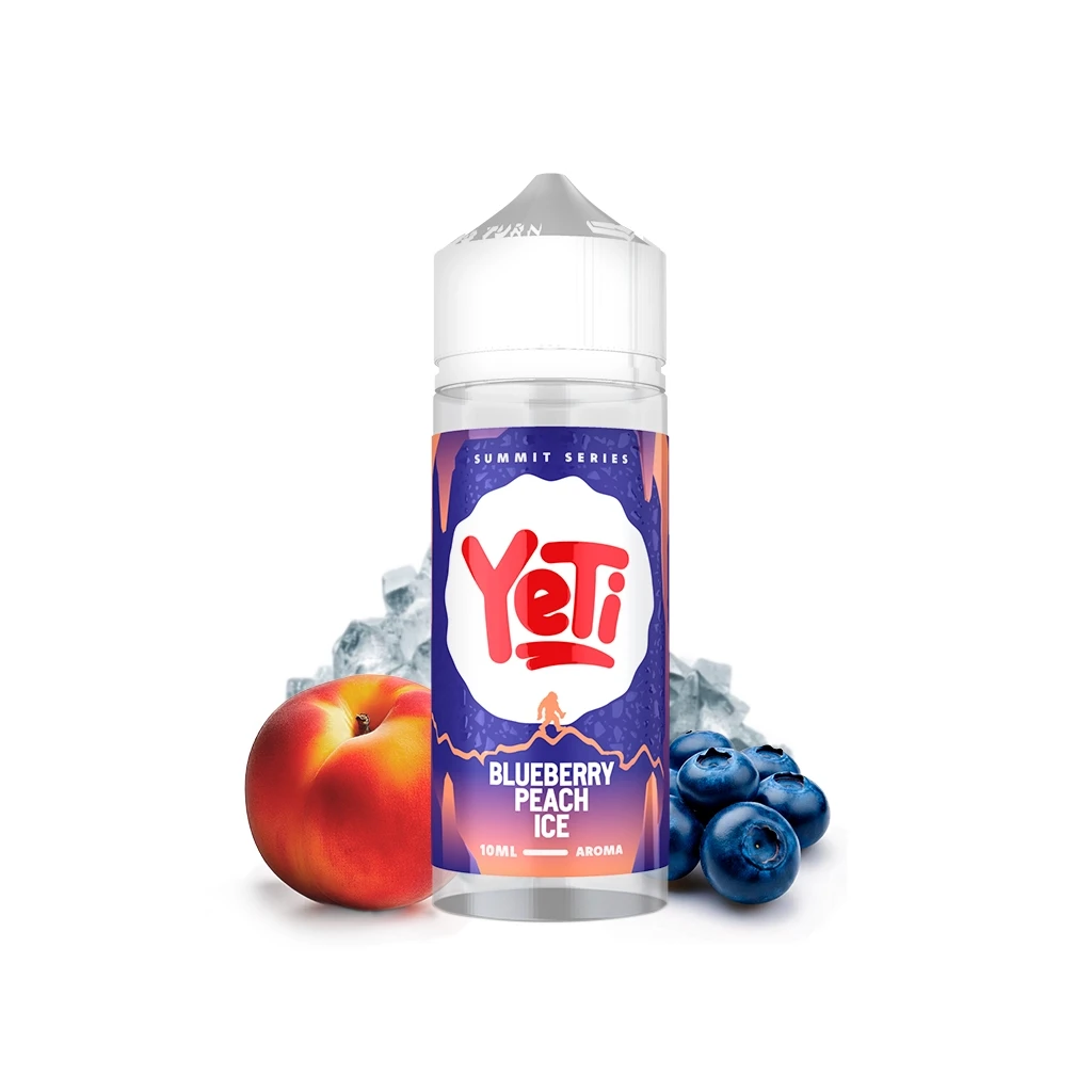 Frasco Yeti Summit Series Blueberry Peach Ice con tapón blanco y etiqueta morada, junto a un melocotón, arándanos y cubitos de hielo.