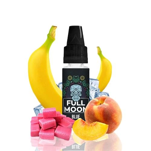 Frasco de aroma Blue Full Moon con tapón negro, rodeado de plátanos, melocotón, cubitos de hielo y piezas rosas.