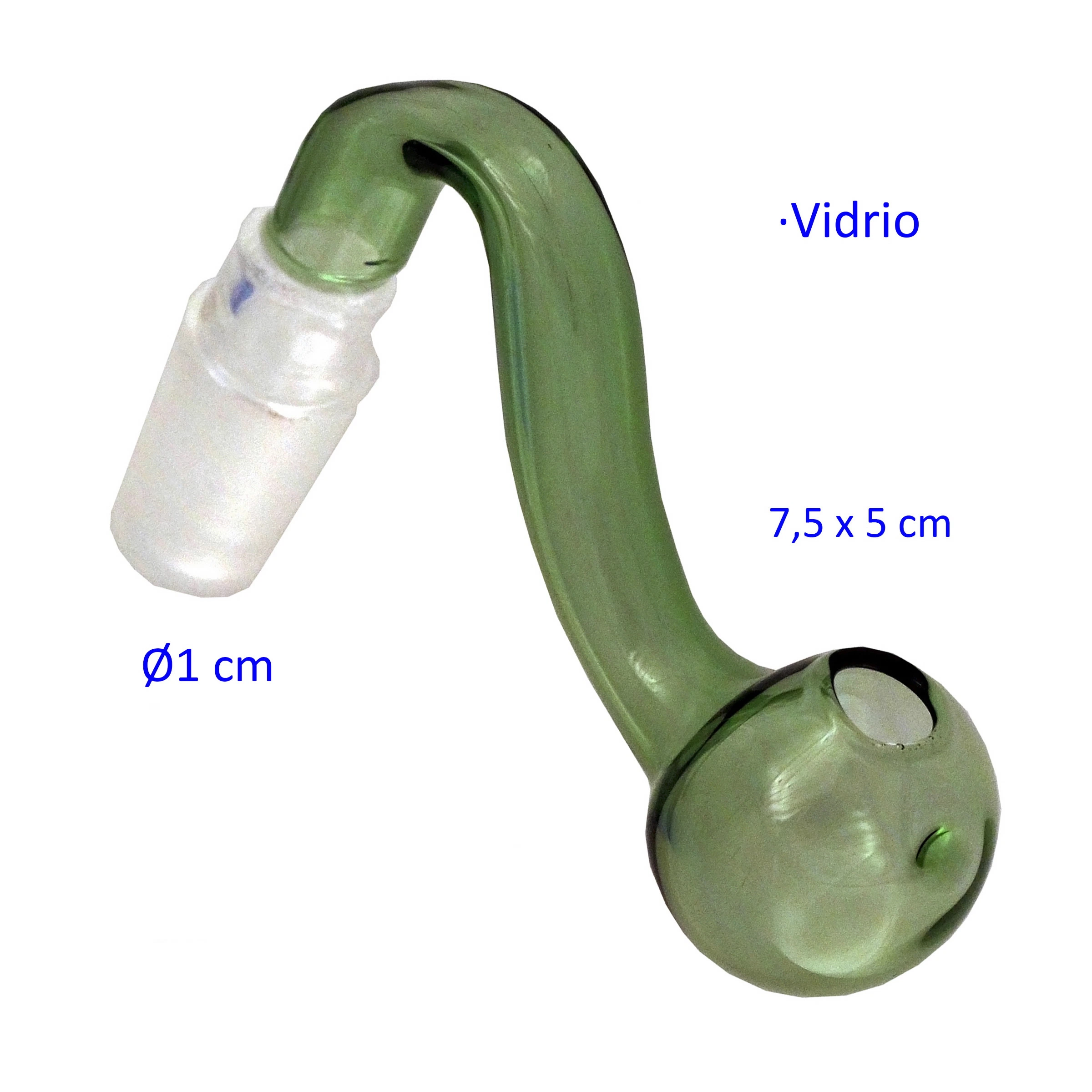 Pipa de cristal verde con tubo curvado, cazoleta redondeada y conector translúcido, presentada sobre fondo blanco.