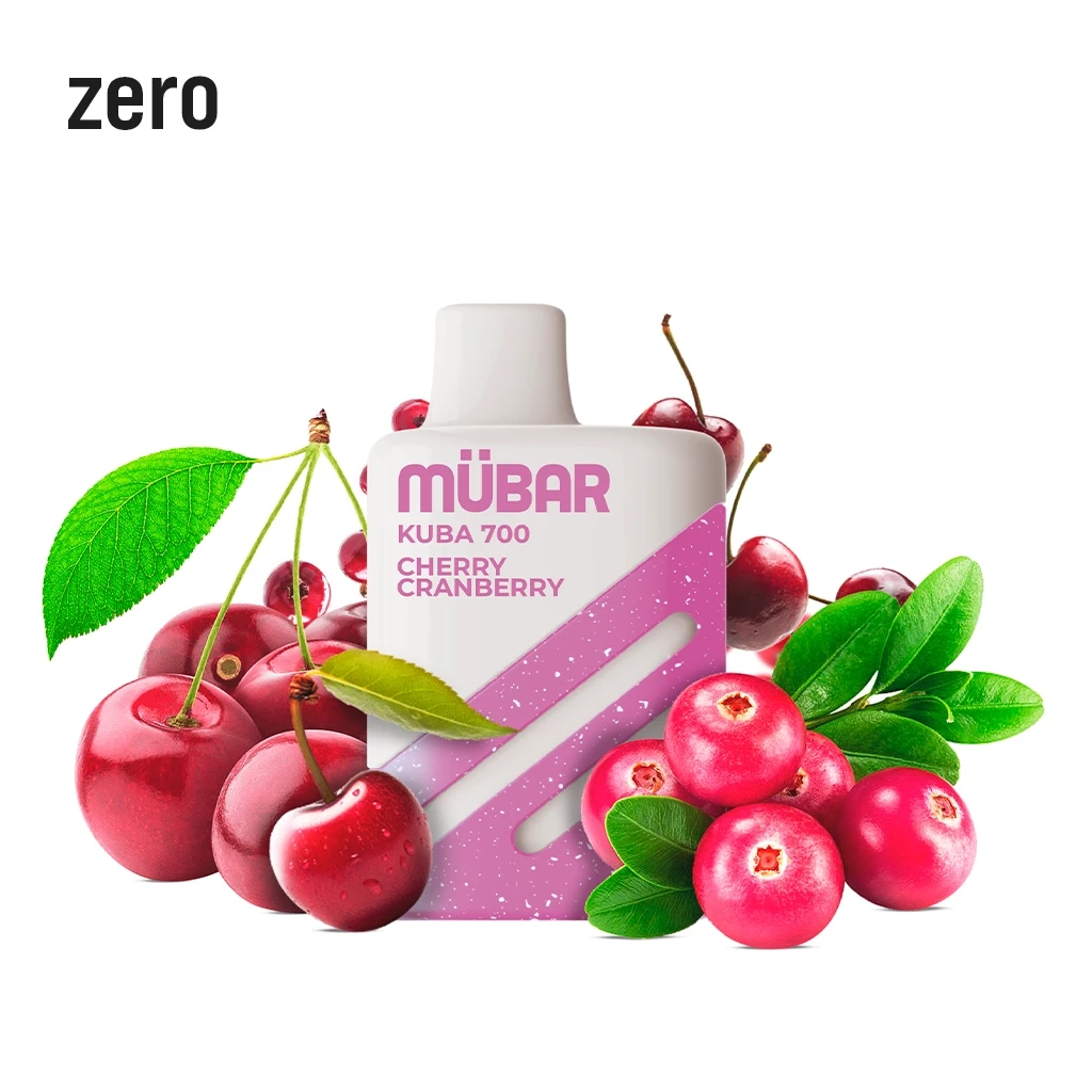 Vaper Mübar Kuba 700 Cherry Cranberry blanco y rosa, rodeado de cerezas, arándanos rojos y hojas, con la palabra «zero» arriba.