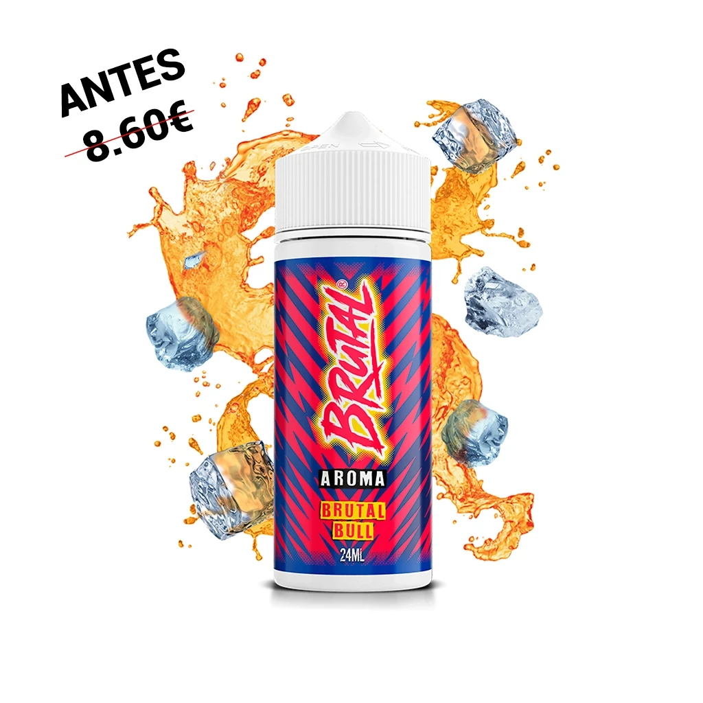 Bote de aroma Brutal Bull Longfill de 24 ml con tapón blanco, etiqueta roja y azul, rodeado de una salpicadura naranja y cubitos de hielo.