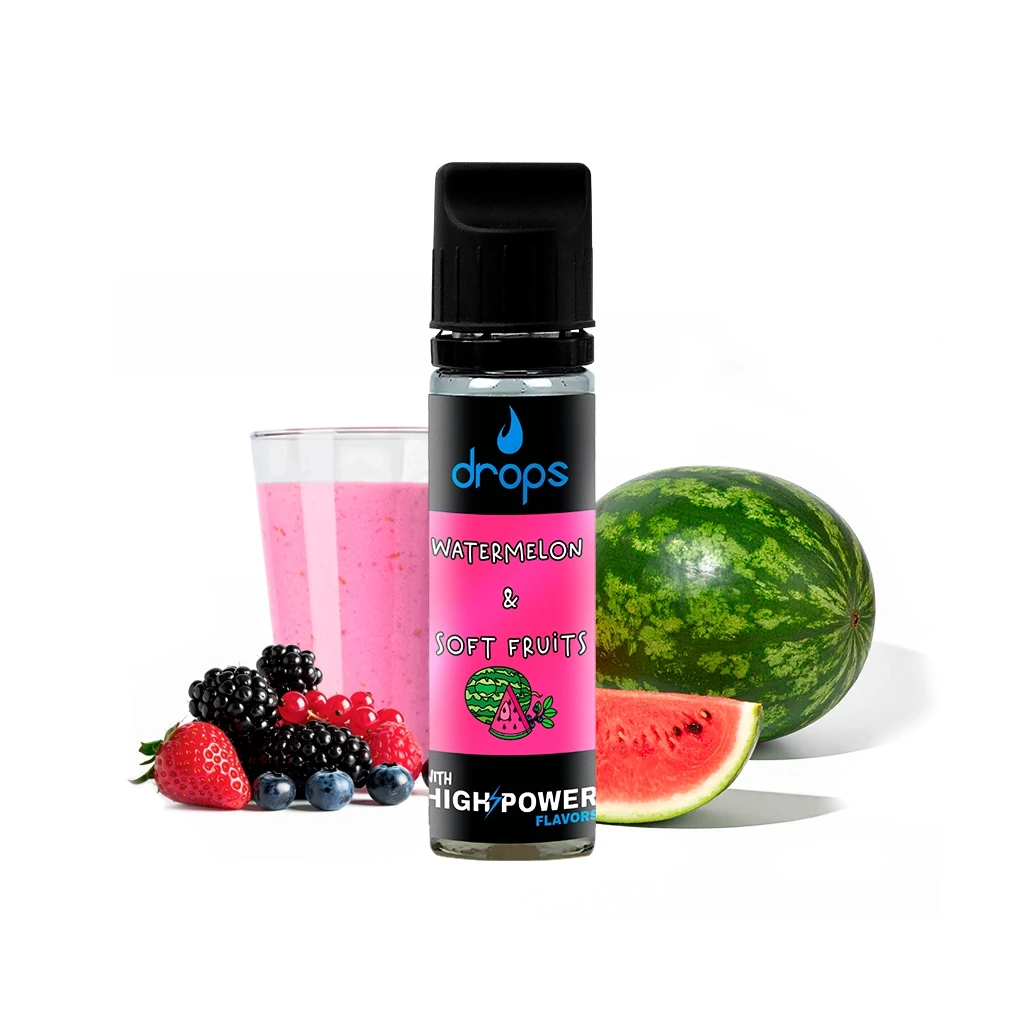 Frasco Drops Watermelon & Soft Fruits con etiqueta rosa y tapón negro, acompañado de sandía, frutos rojos y un vaso con bebida rosa.