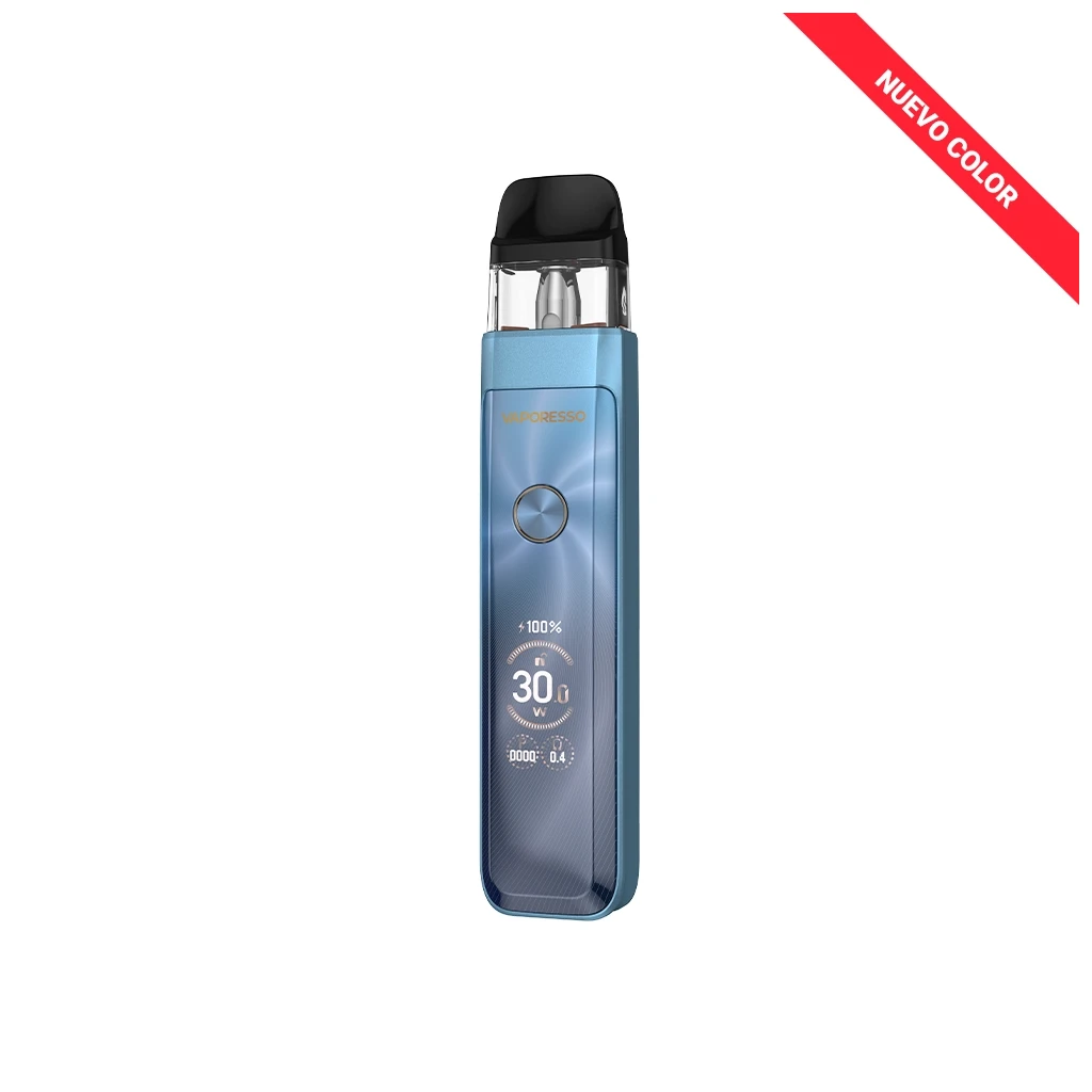 Vaporesso Xros Pro 2 azul con depósito transparente, boquilla negra, botón circular y pantalla frontal, sobre fondo blanco.