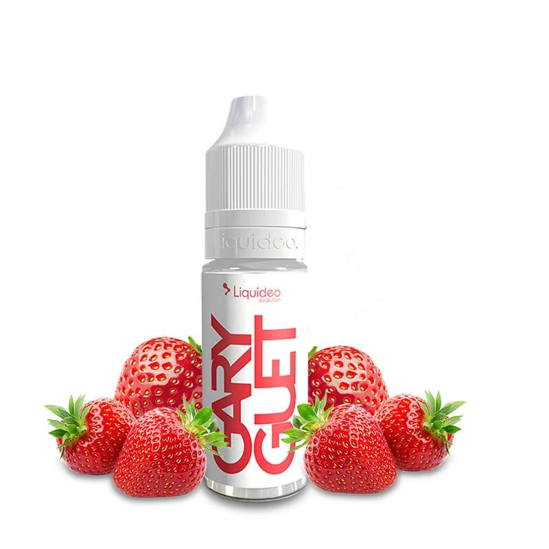 Frasco de e-líquido GARY GUET con tapón blanco y letras rojas, rodeado de fresas sobre fondo blanco.