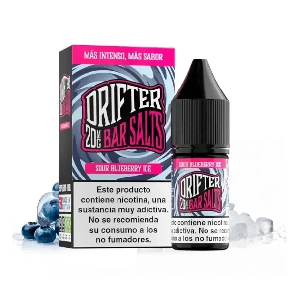 Caja y frasco de Drifter Bar Salts Sour Blueberry Ice, con diseño rosa y negro, advertencia de nicotina, arándanos y hielo.