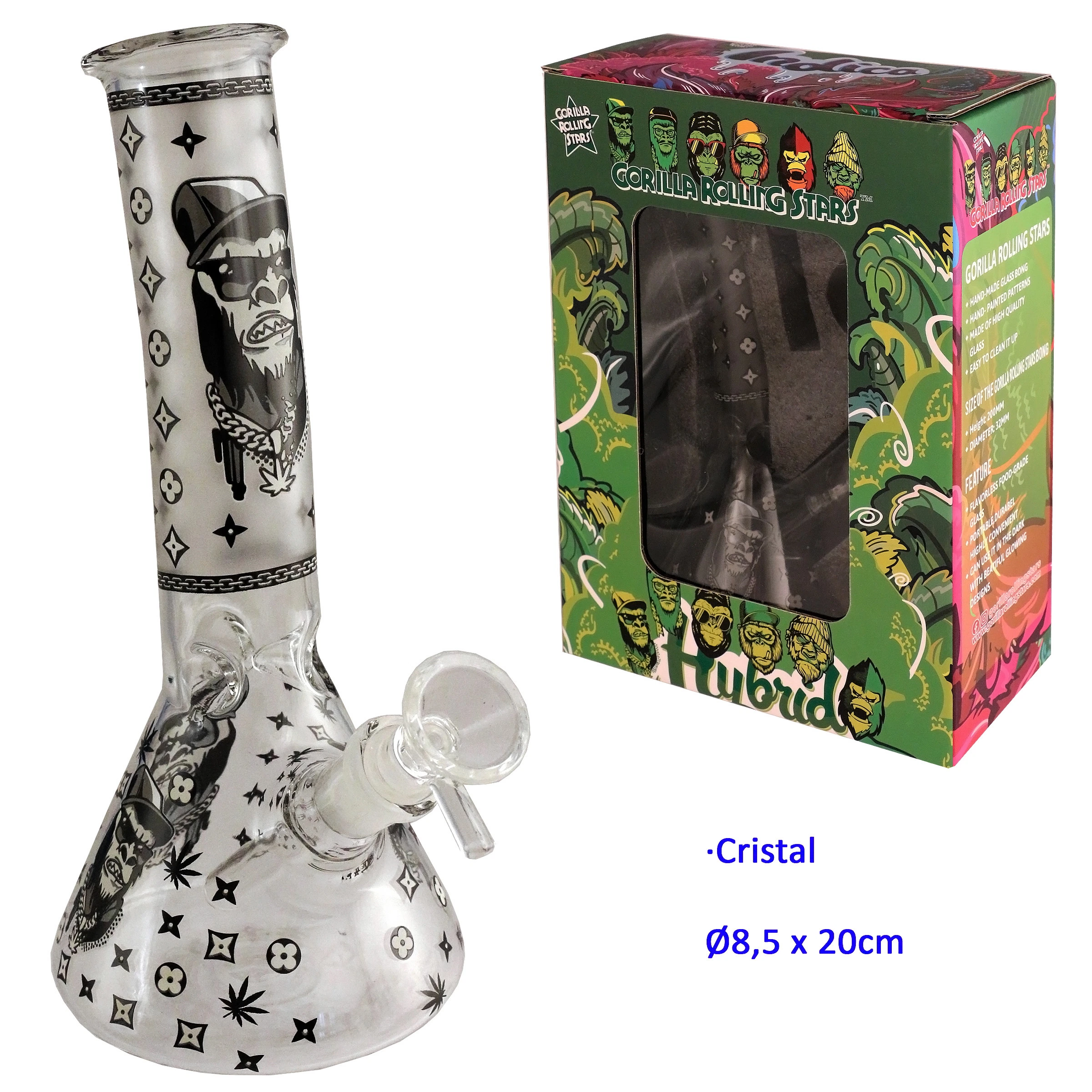 Bong de cristal Hybrid con base ensanchada, monogramas negros y dibujo de un gorila con gorra, junto a su caja verde ilustrada.