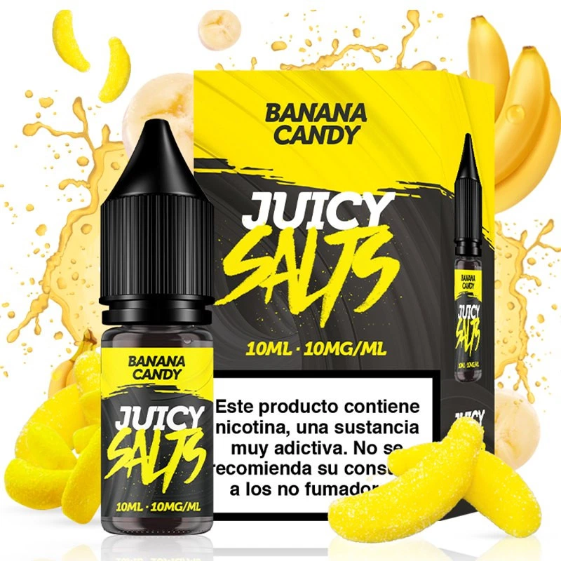 Frasco y caja Banana Candy de Juicy Salts, amarillos y negros, con plátanos, golosinas y etiqueta de 10 ml y 10 mg/ml.