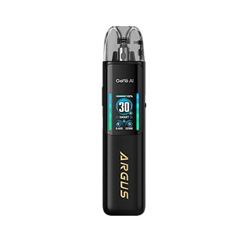 Voopoo Argus G2 negro en posición vertical, con boquilla transparente, pantalla iluminada y nombre ARGUS dorado sobre fondo blanco.