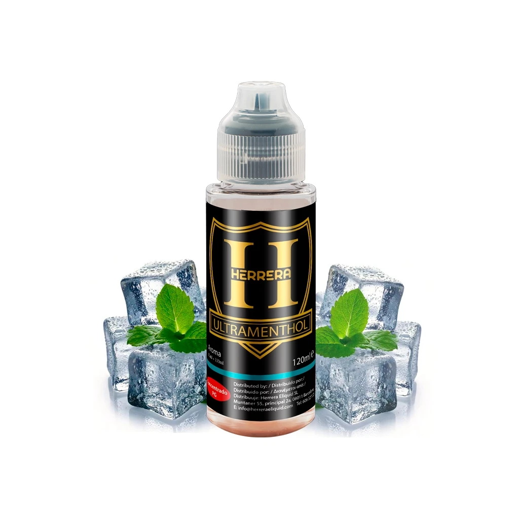Frasco Herrera Ultramenthol con etiqueta negra y dorada y tapón translúcido, rodeado de cubitos de hielo y hojas de menta.
