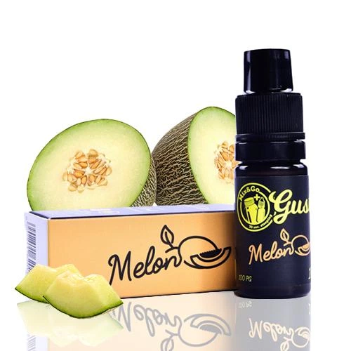 Frasco de aroma Melón Mix&Go Gusto con tapón negro junto a su caja, con melón cortado al fondo y trozos delante.