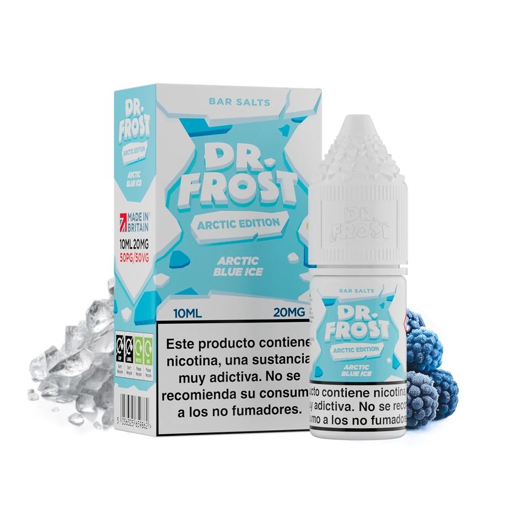 Frasco y caja de Dr. Frost Arctic Blue Ice en blanco y turquesa, con advertencia de nicotina, hielo y frutos azules alrededor.