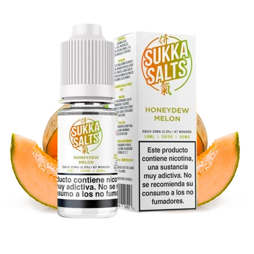 Frasco y caja blancos de Sukka Salts Honeydew Melon, con letras verdes y naranjas, advertencia de nicotina y rodajas de melón detrás.