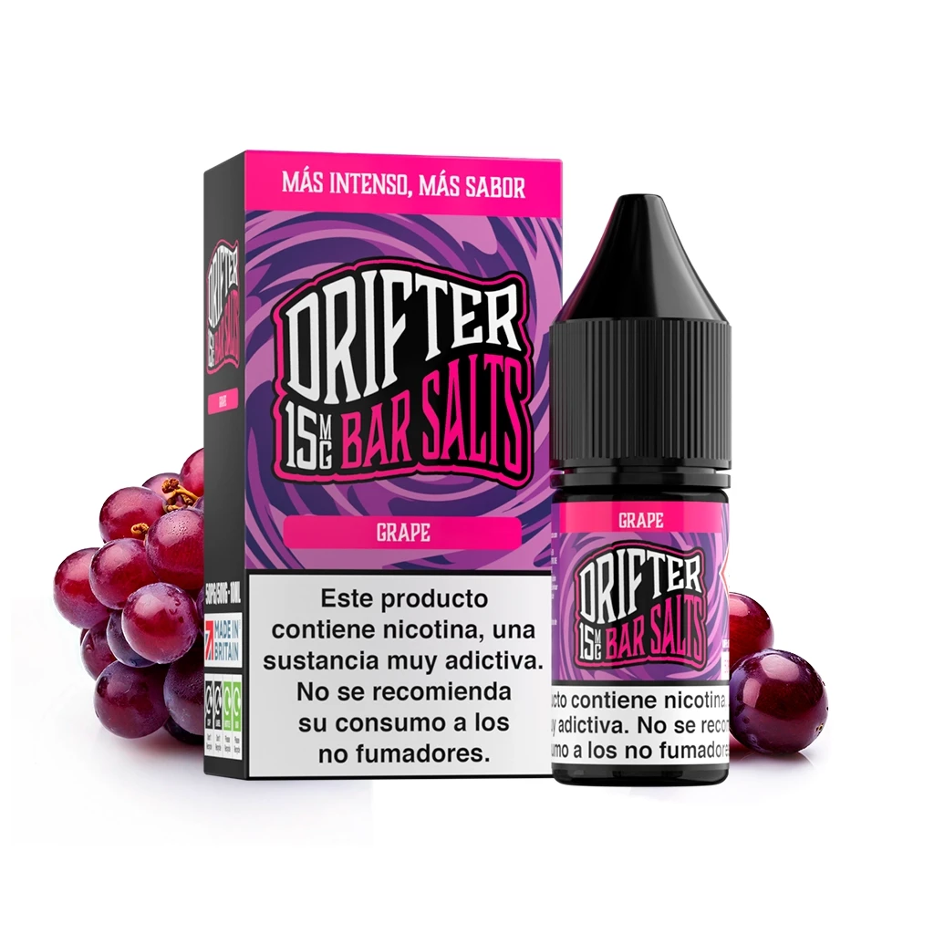 Frasco con tapón negro y caja de Drifter Bar Salts Grape, con diseño morado y rosa, advertencia de nicotina y uvas alrededor.