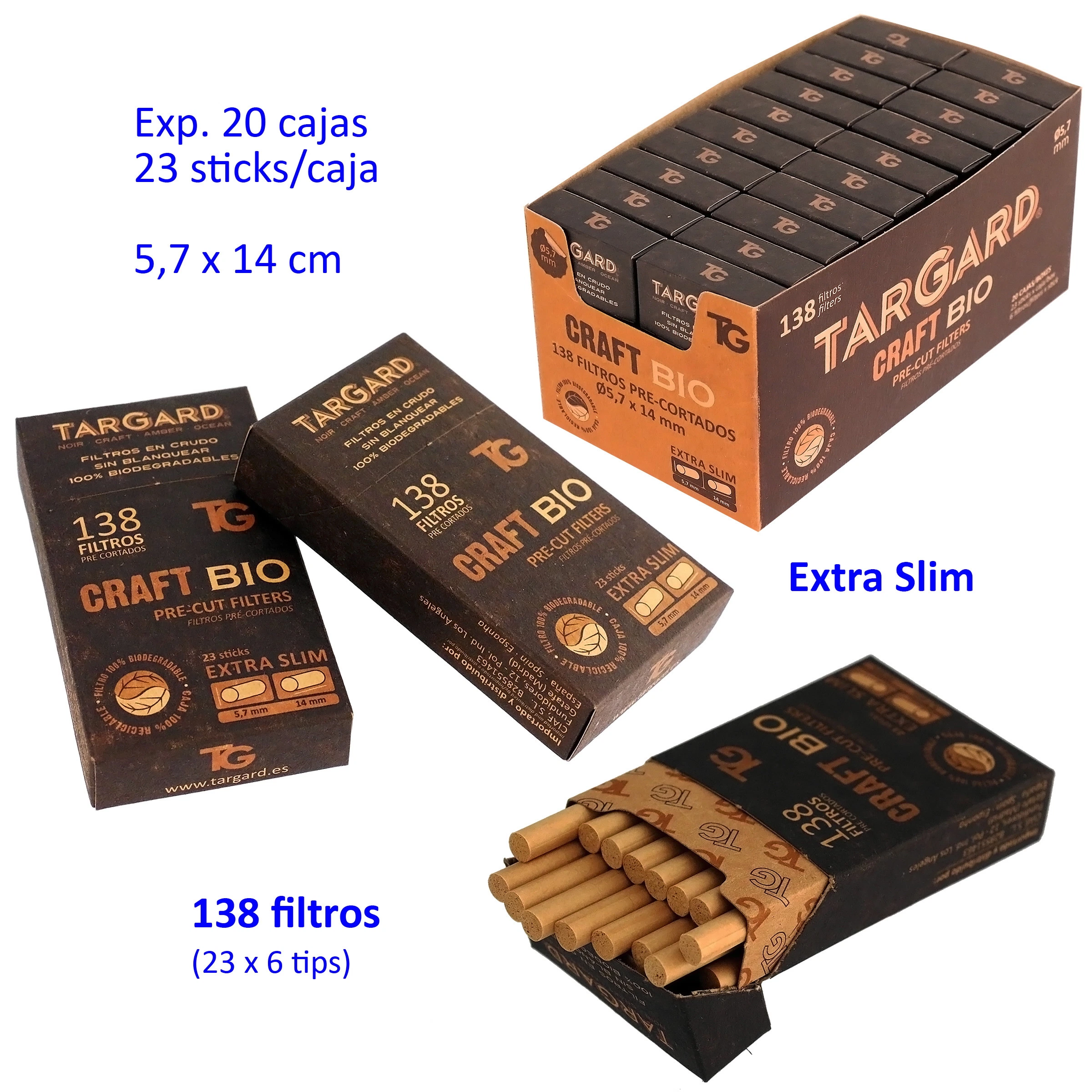 Filtros precortados Targard Craft BIO Extra Slim, con expositor, cajas cerradas y una abierta que muestra los filtros marrones. Filtros precortados Targard Craft BIO Extra Slim, con expositor, cajas cerradas y una abierta que muestra los filtros marrones.