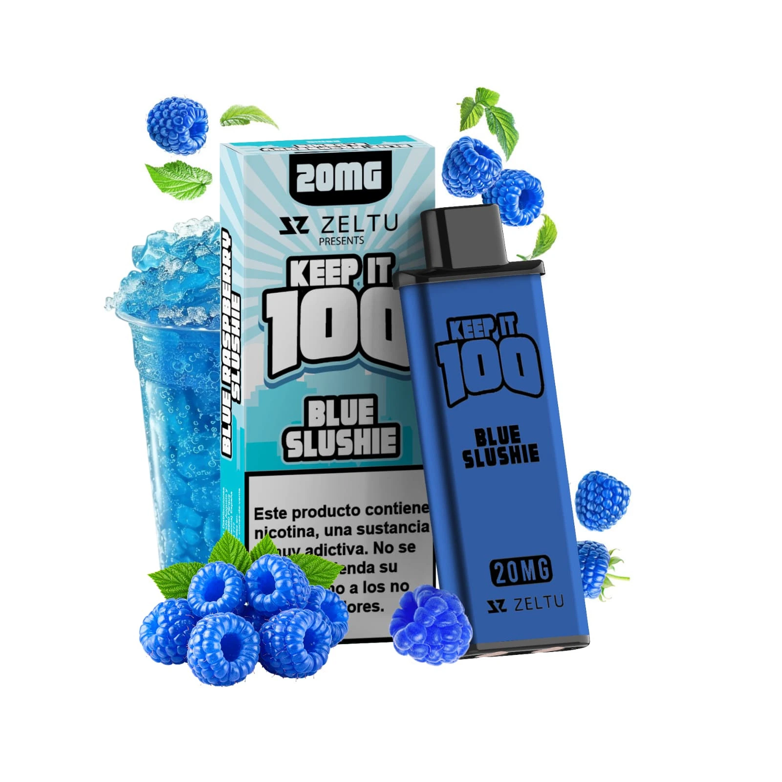 Pod azul Keep It 100 Blue Slushie junto a su caja, con la inscripción 20MG, rodeado de frutos azules y un vaso de granizado. Pod azul Keep It 100 Blue Slushie junto a su caja, con la inscripción 20MG, rodeado de frutos azules y un vaso de granizado.