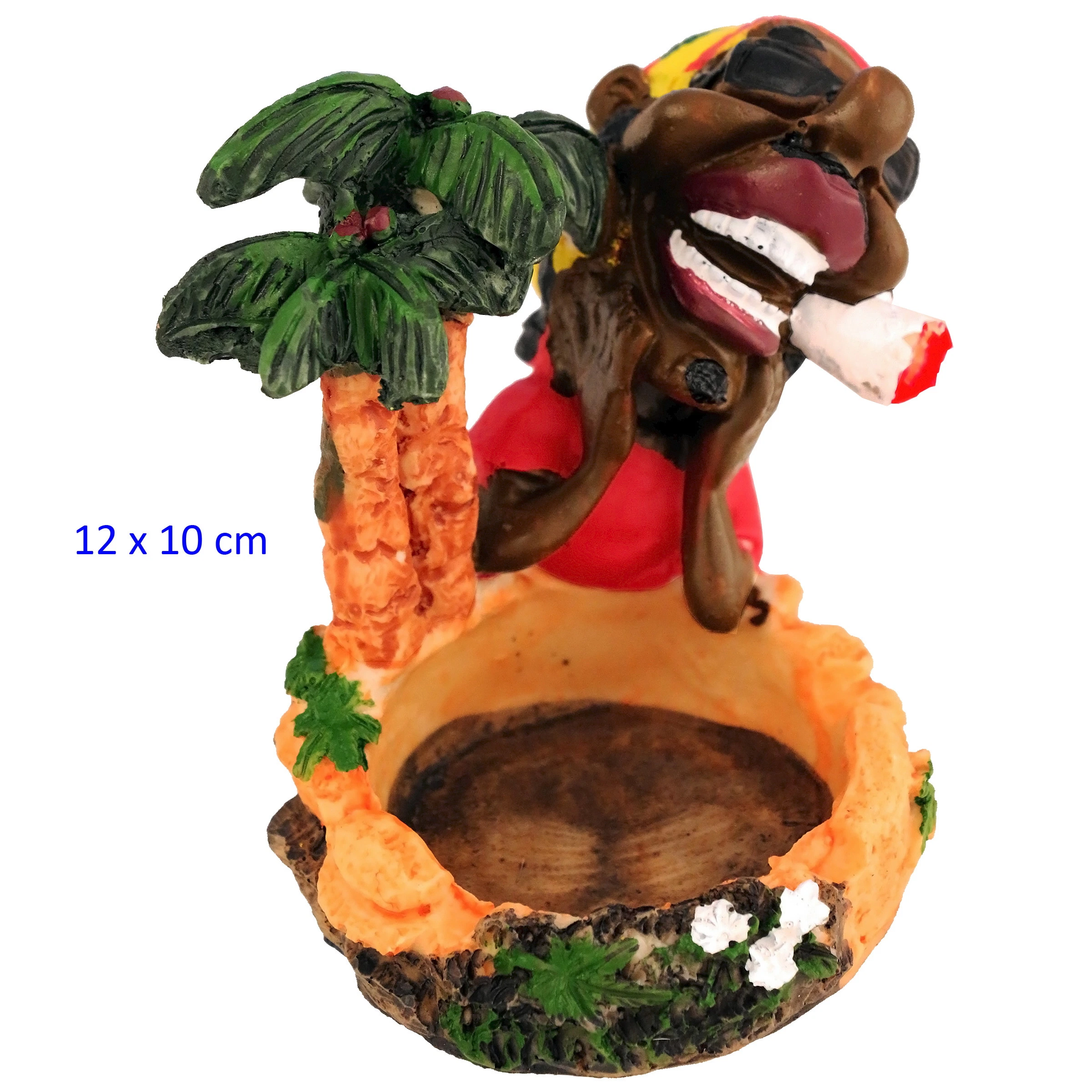 Cenicero de mesa con palmera y figura caricaturesca de estilo rasta, con gafas oscuras y un cigarrillo en la boca, sobre una base naranja.