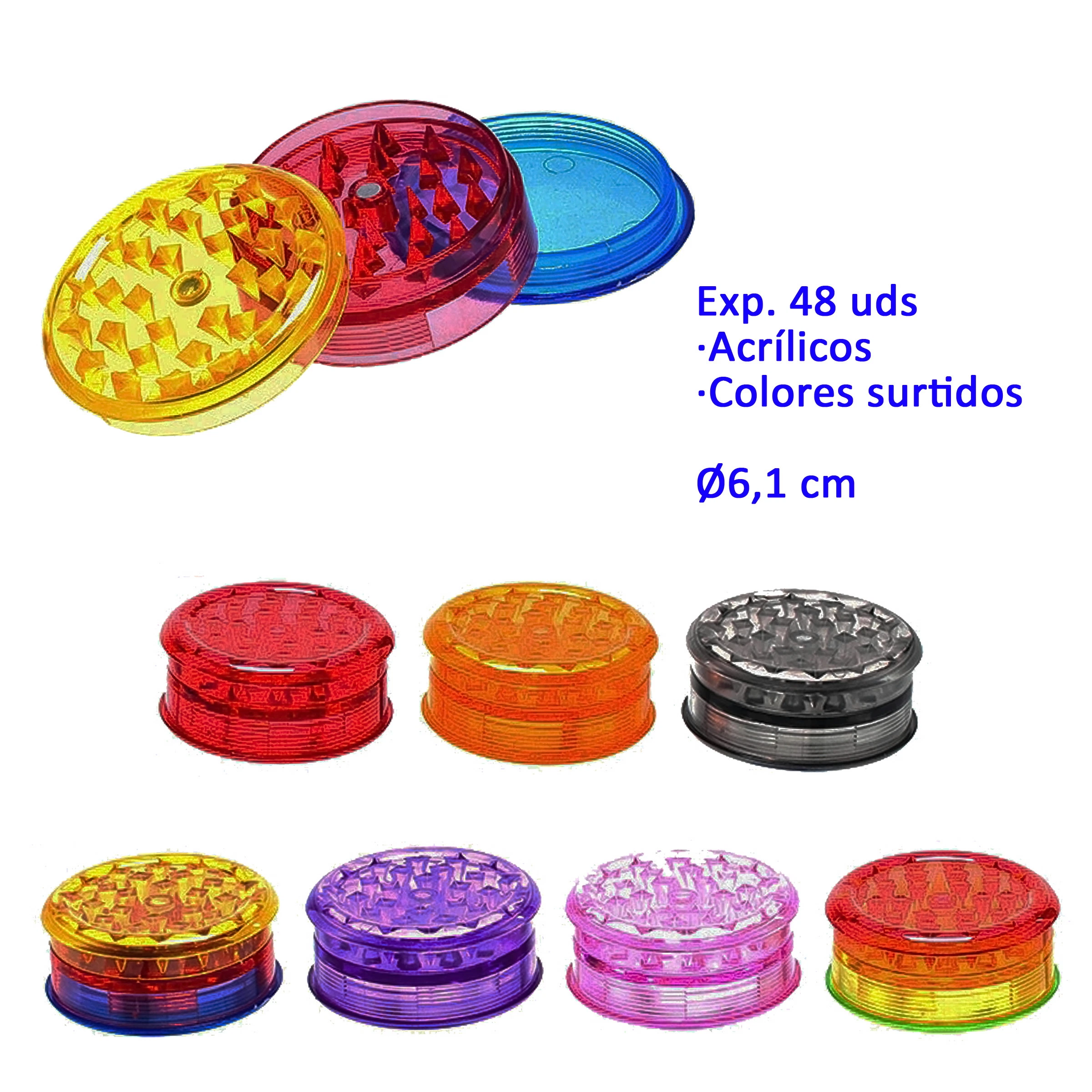 Selección de grinders acrílicos transparentes de 6,1 cm en distintos colores, con modelos cerrados y piezas abiertas que muestran los dientes.