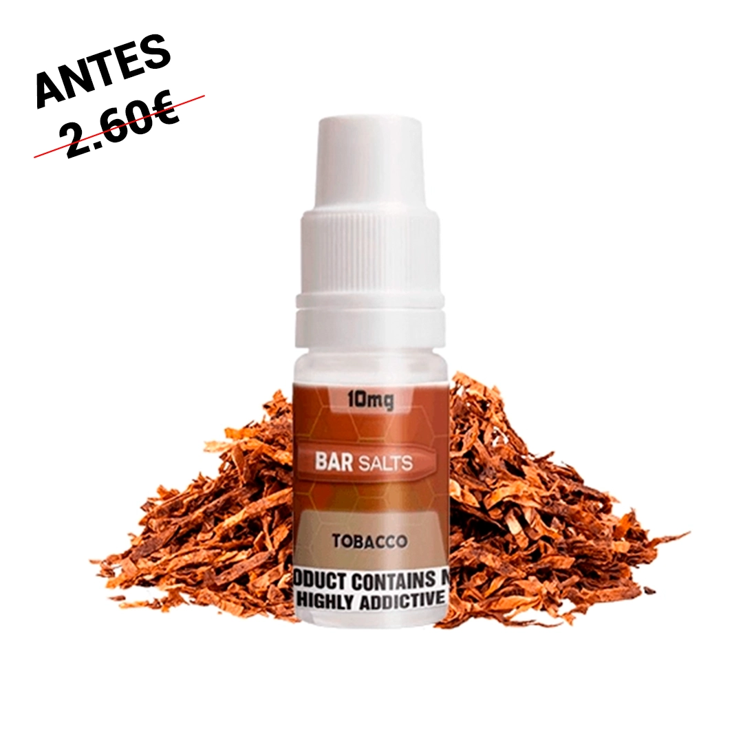 Frasco de Bar Salts Tobacco con tapón blanco y etiqueta marrón marcada con 10 mg, delante de un montón de tabaco picado.