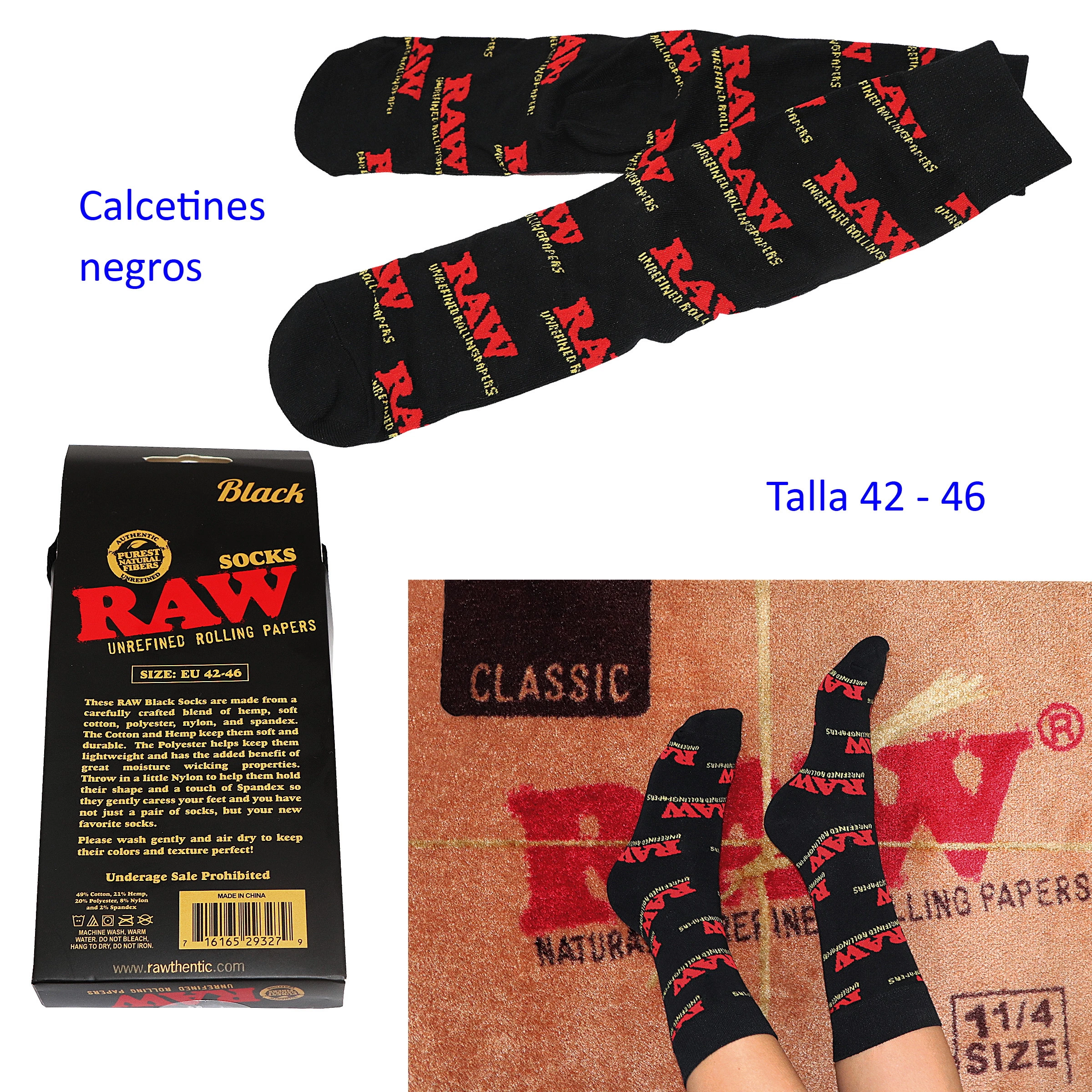 Calcetines negros RAW con logotipos rojos y letras amarillas, mostrados sueltos, con su embalaje y puestos; talla 42-46.