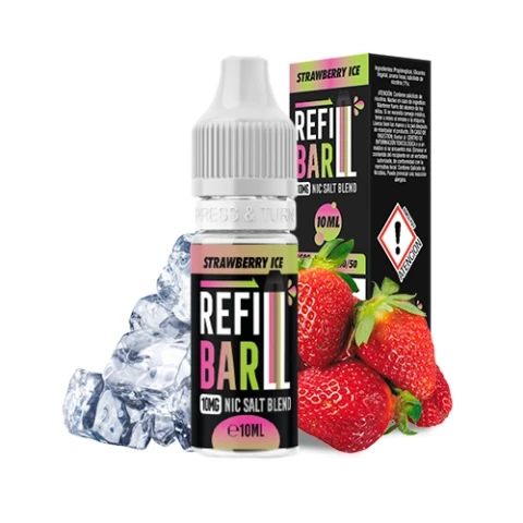 Frasco de Refill Bar Salts Strawberry Ice de 10 ml con tapón blanco, junto a su caja, fresas y cubitos de hielo.