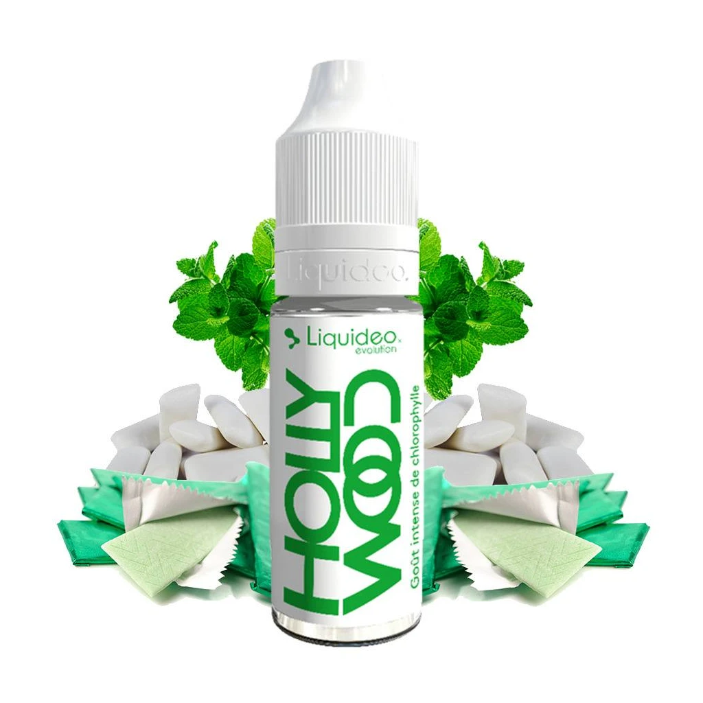Frasco de e-líquido HOLLYWOOD Evolution de Liquideo con tapón blanco, rodeado de hojas verdes y chicles con envoltorios abiertos.