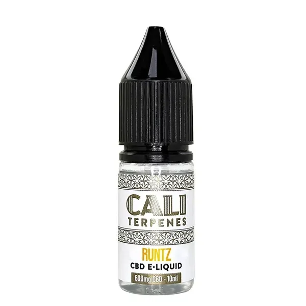 Frasco transparente de CBD E-Liquid Cali Terpenes Runtz con tapón negro y etiqueta que indica 600 mg de CBD y 10 ml.