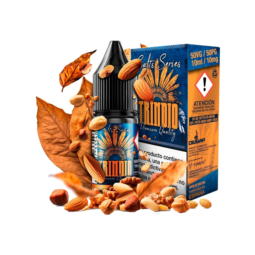 Frasco y caja de Oil4Vap Salts Trindio, con diseño azul y naranja, rodeados de hojas secas y frutos secos sobre fondo blanco.