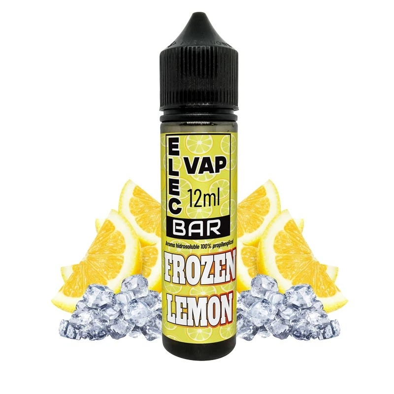 Frasco de aroma Frozen Lemon Bar de Elecvap, con etiqueta amarilla de 12 ml, rodeado de rodajas de limón y cubitos de hielo.