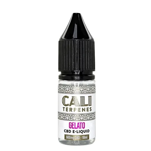 Frasco transparente de Cali Terpenes Gelato CBD E-Liquid, con tapón negro y etiqueta blanca que indica 600 mg de CBD y 10 ml.