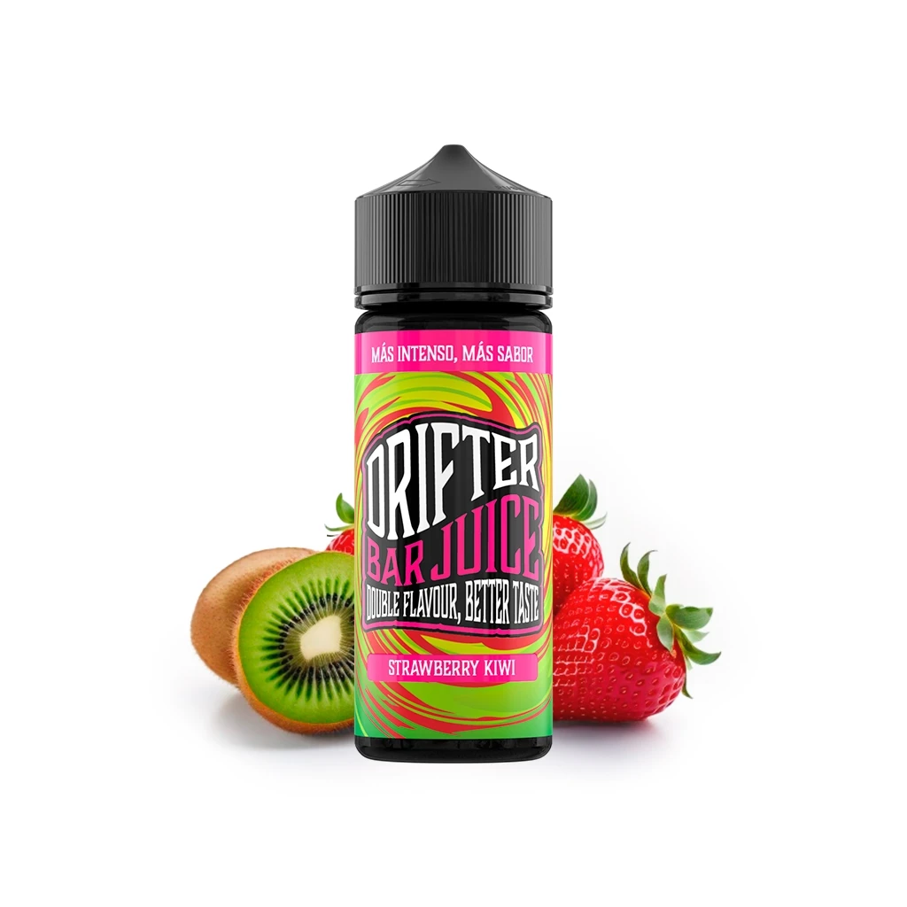 Bote Drifter Bar Juice Strawberry Kiwi con tapón negro y etiqueta verde y rosa, acompañado de fresas y un kiwi cortado.