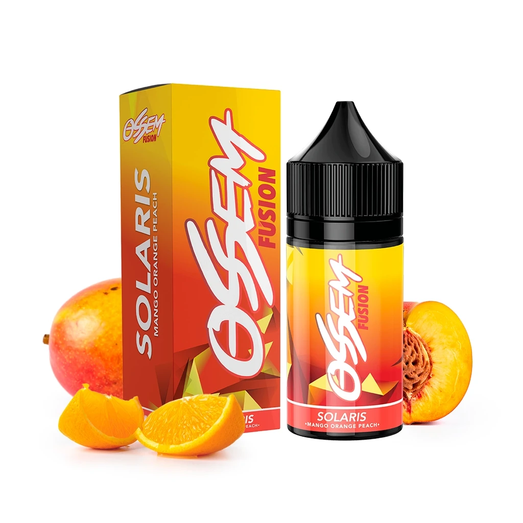 Bote y caja de Ossem Fusion Solaris Mango Orange Peach, con diseño amarillo y rojo, rodeados de mango, naranja y melocotón.