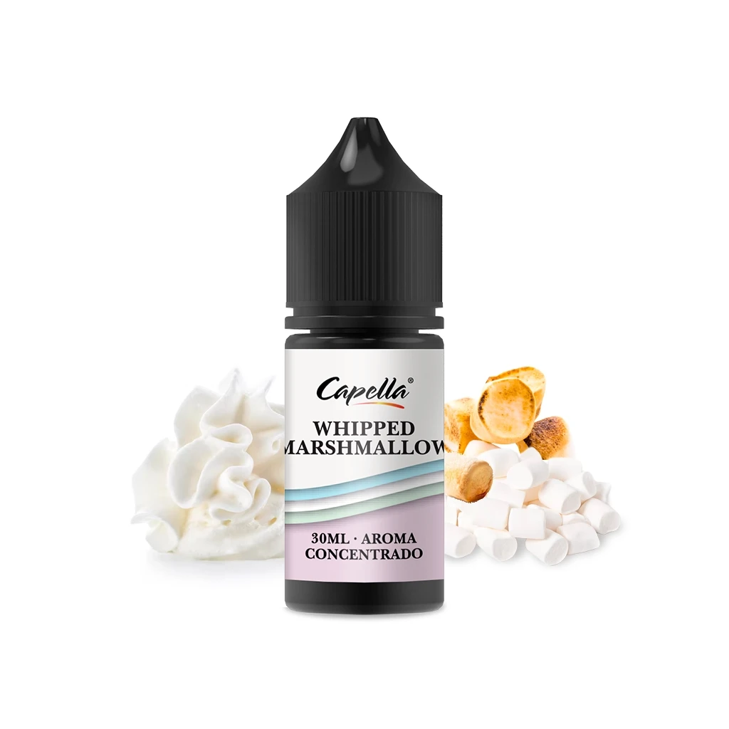 Frasco Capella Whipped Marshmallow de 30 ml con tapón negro, acompañado de nata montada y malvaviscos blancos y tostados.