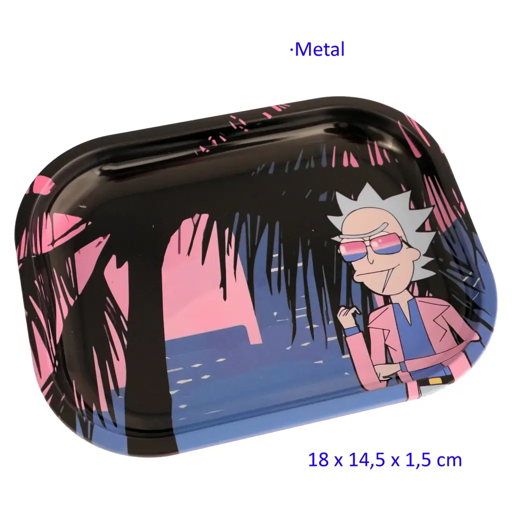 Bandeja para liar de 18 × 14,5 cm, con bordes elevados y diseño de palmeras negras y personaje con gafas sobre fondo rosa y azul.