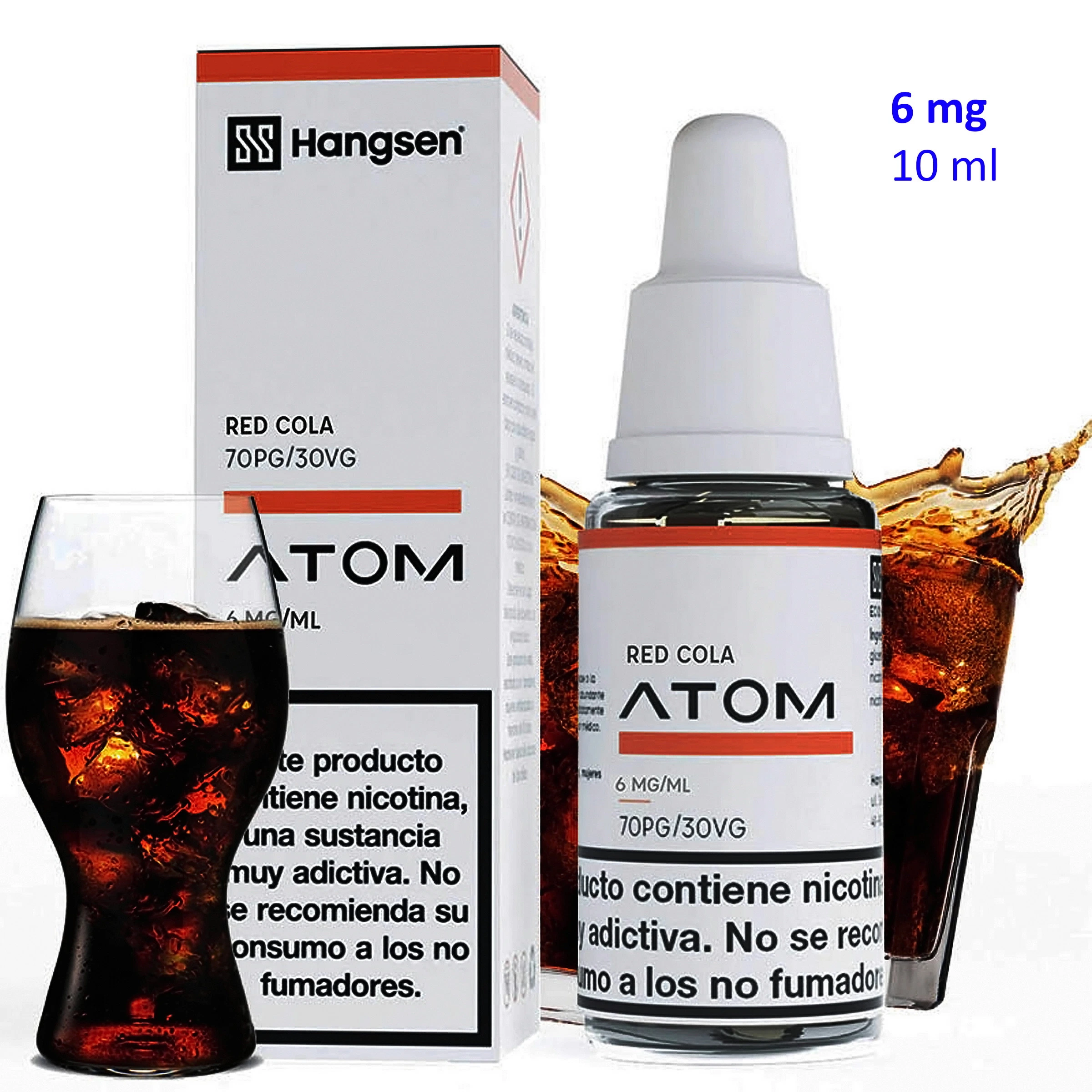 Frasco y caja de Hangsen Atom Red Cola de 6 mg/ml, con etiqueta blanca y roja, junto a vasos de refresco de cola con hielo.